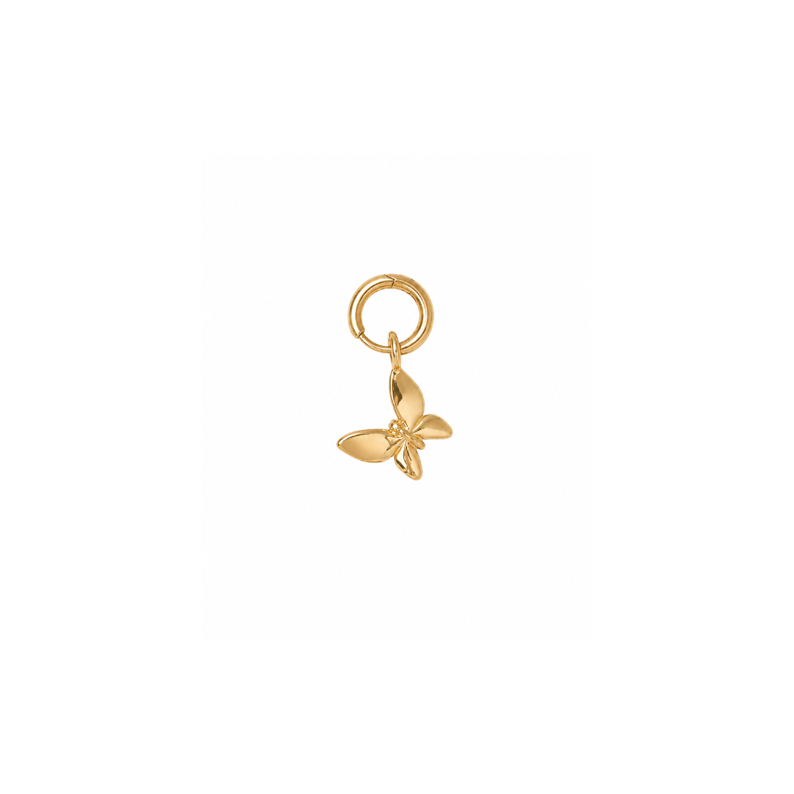 A polished gold butterfly charm with a circular ring attachment, shown against a plain white background.
