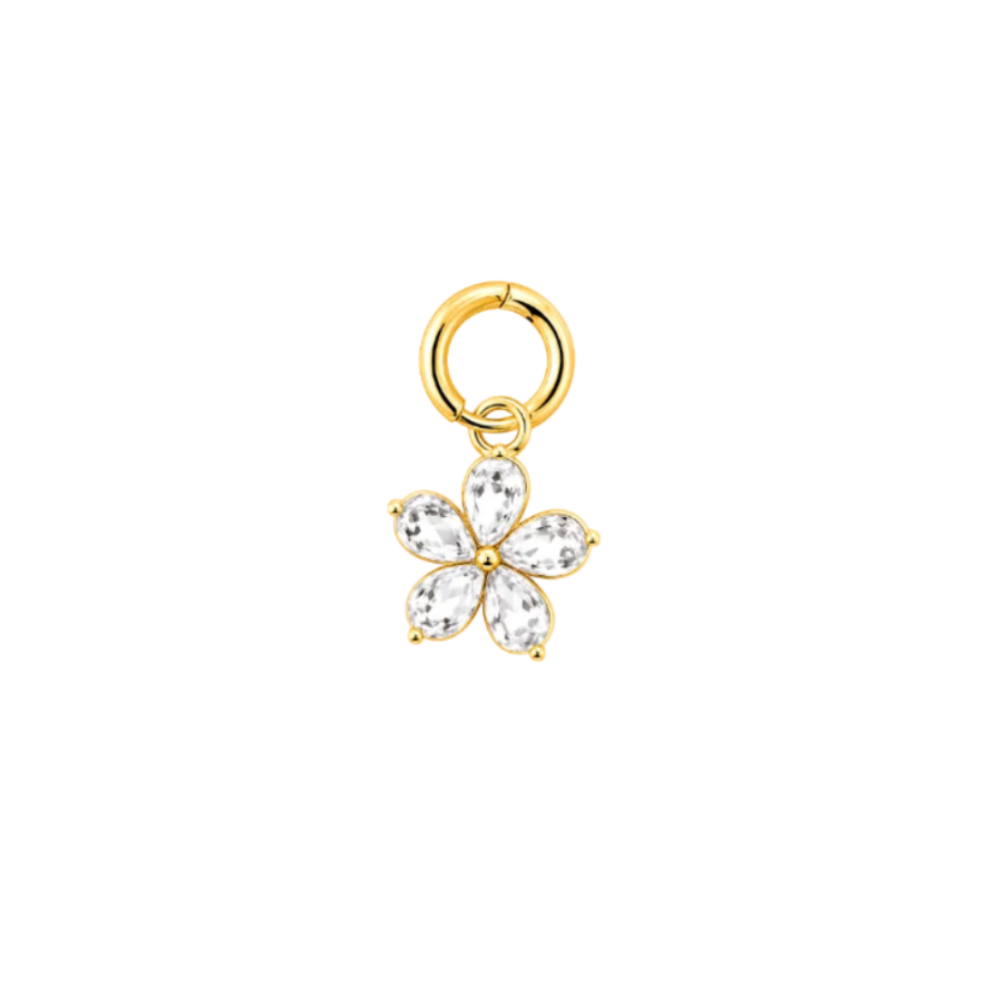 A gold-plated flower charm with five clear, faceted marquise-cut stones, attached to a matching gold split ring, shown on a plain white background.