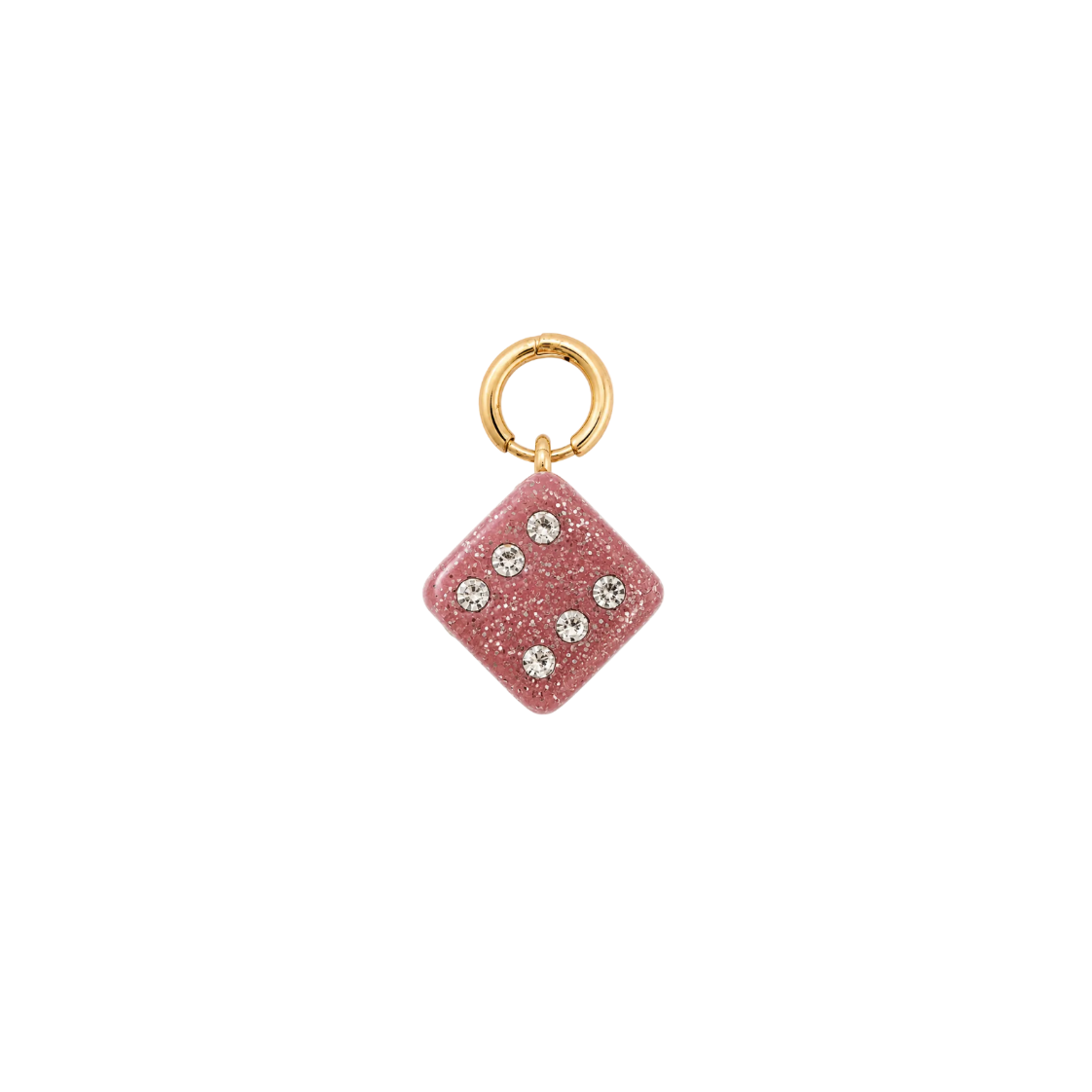 A pink glittery diamond-shaped charm with five clear rhinestones and a gold-tone ring at the top, shown on a plain white background.