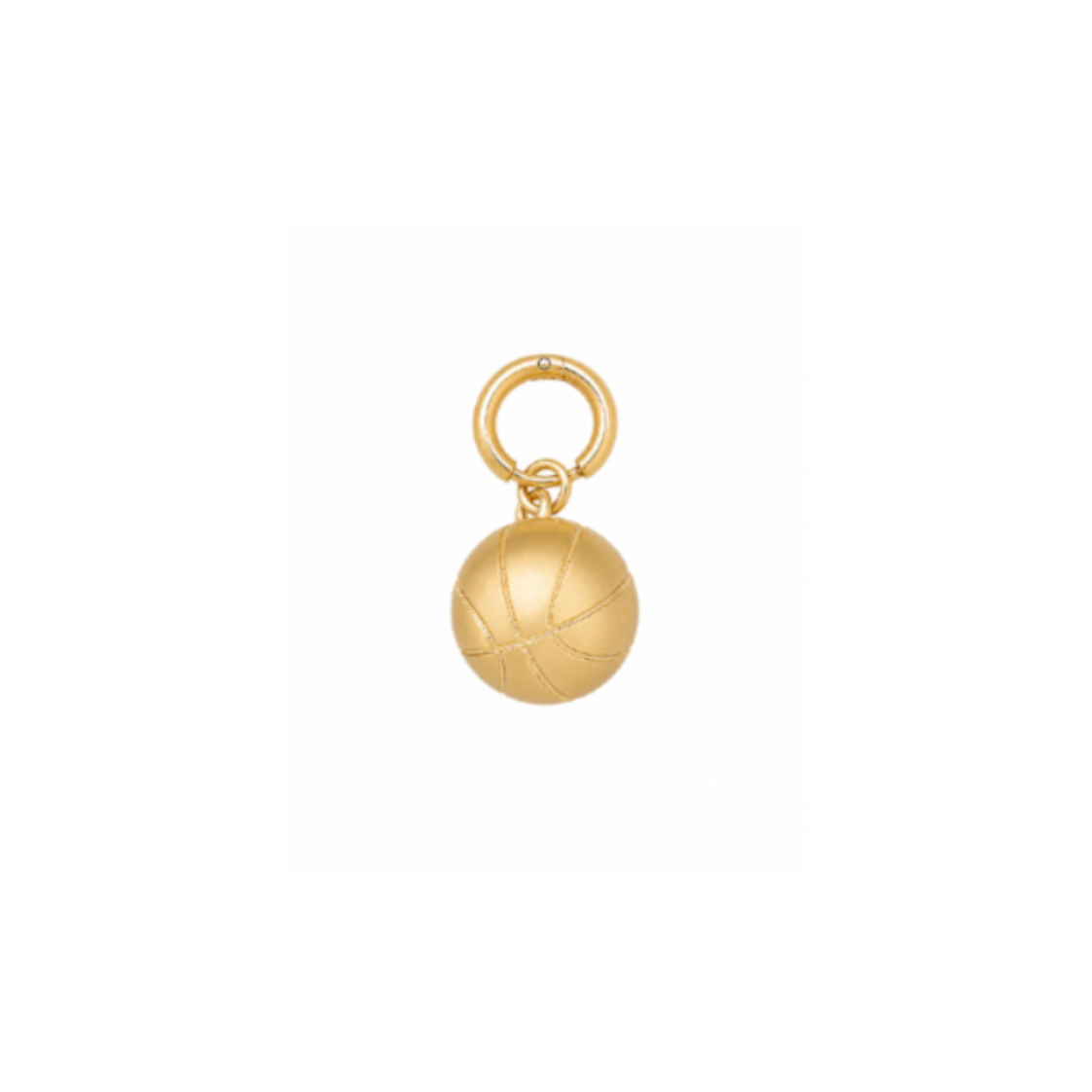 A gold-colored metal charm shaped like a basketball with a split-ring clasp at the top, shown on a plain white background.