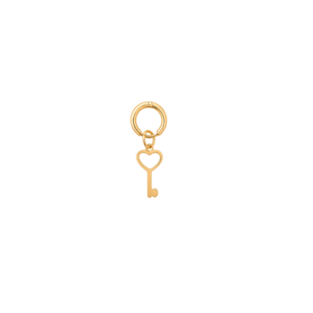 A small gold key-shaped charm with a heart outline, attached to a matching gold key ring, shown on a plain white background.