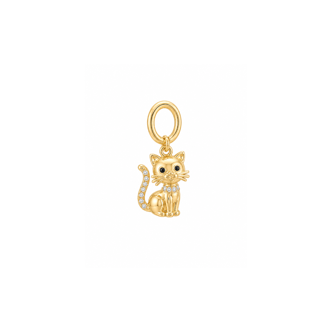 A gold cat charm pendant with a small ring loop at the top, featuring tiny black eyes and a row of clear stones along its back, shown on a plain white background.