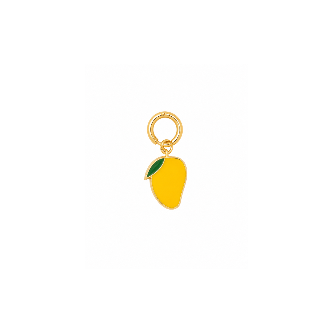 A gold-tone metal key ring charm shaped like a mango, featuring bright yellow enamel fill and a small green leaf accent, shown on a plain white background.