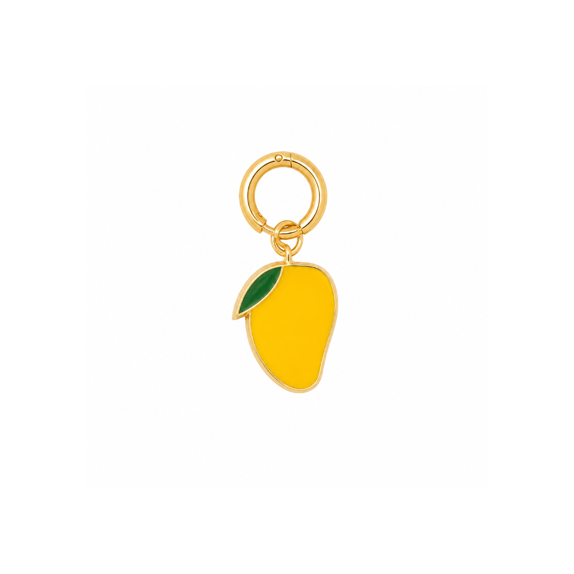 A gold-tone metal key ring charm shaped like a mango, featuring bright yellow enamel fill and a small green leaf accent, shown on a plain white background.