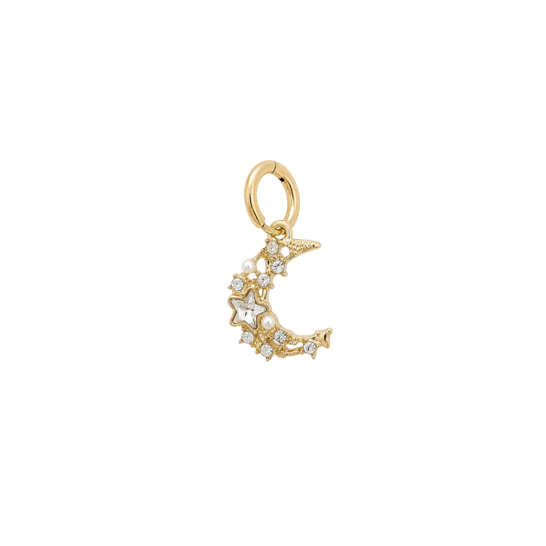 A gold crescent moon and star charm embellished with small clear rhinestones and white faux pearls, shown on a plain white background.