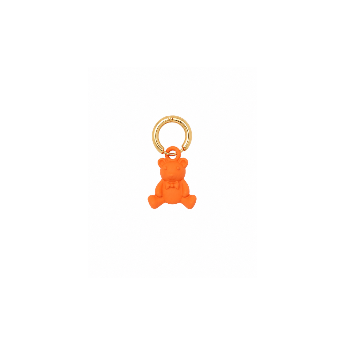An orange teddy bear keychain charm with a small gold split ring, shown against a plain white background.