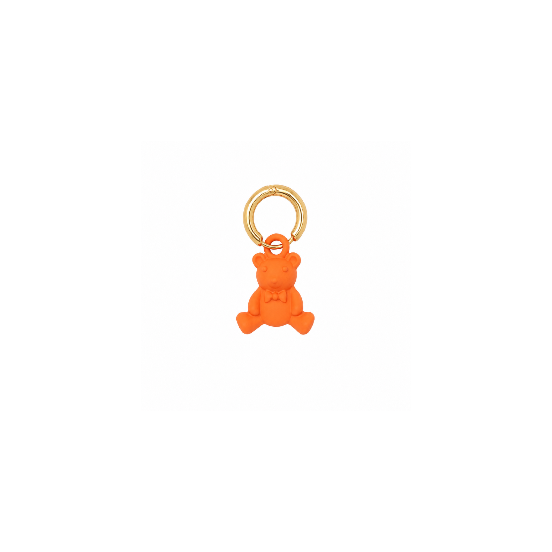 An orange teddy bear keychain charm with a small gold split ring, shown against a plain white background.