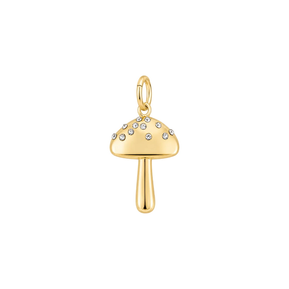 A polished gold mushroom charm pendant with a small loop at the top and clear rhinestones on the cap, shown against a plain white background.