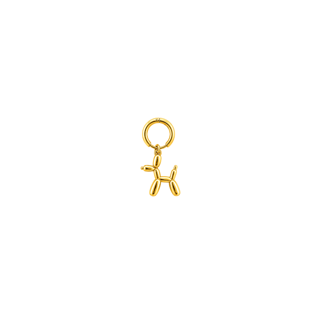 A small gold charm shaped like a balloon dog with a split ring, shown on a plain white background.
