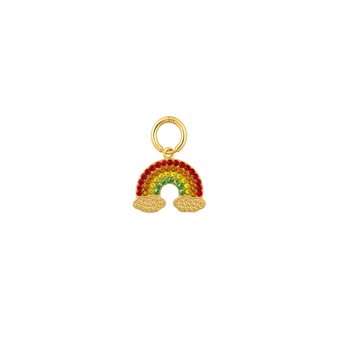 A gold-plated charm featuring a small rainbow with red, orange, yellow, green, and blue rhinestones, topped with a gold ring, set against a plain white background.