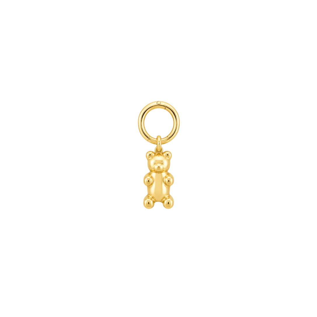 A polished gold-tone keychain featuring a teddy bear charm and a split key ring, shown against a plain white background.
