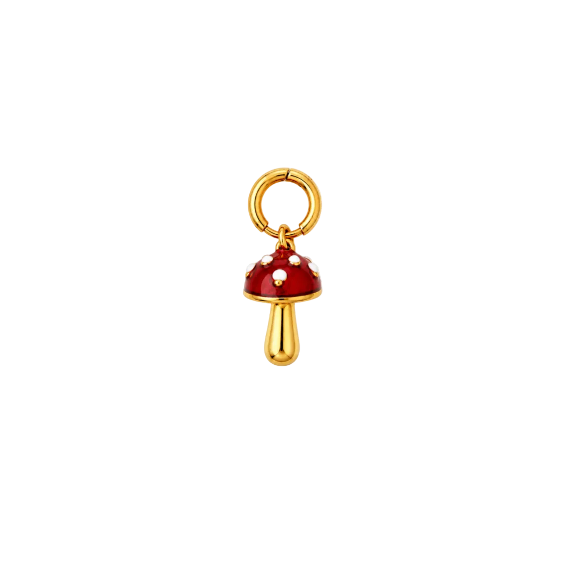 A small mushroom-shaped charm with a glossy red cap, white polka dots, and a gold-tone stem and ring clasp, shown on a plain white background.