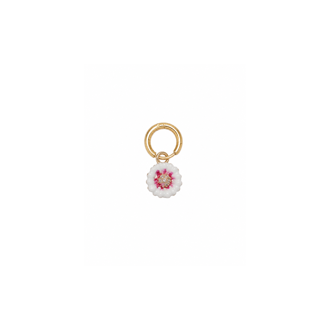 A gold-plated key ring with a dangling flower charm. The charm features a white enamel outer layer, a pink enamel center, and a small clear crystal cluster in the middle.